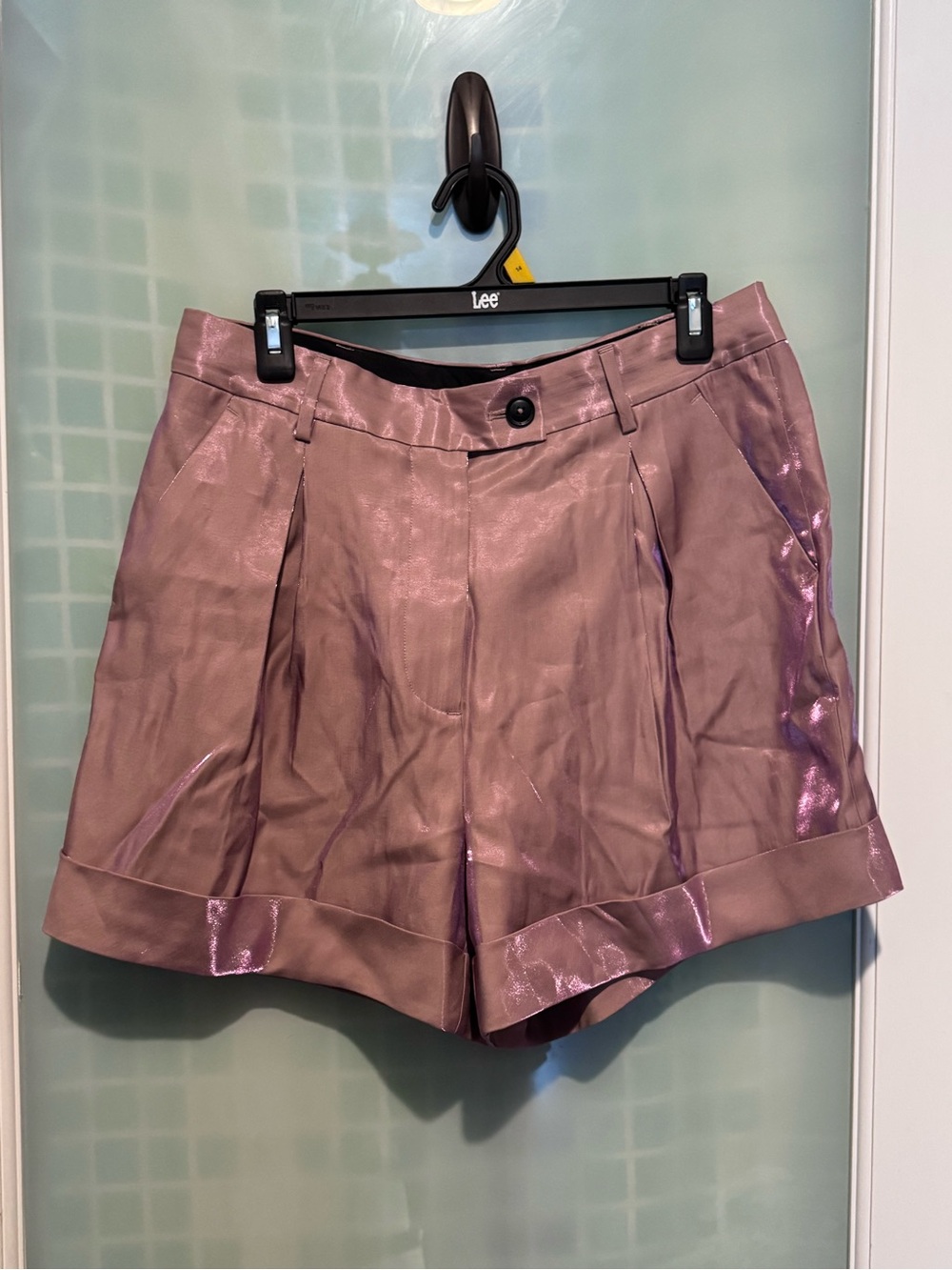 RtA Metallic Mauve High-Waist Pleated Shorts
